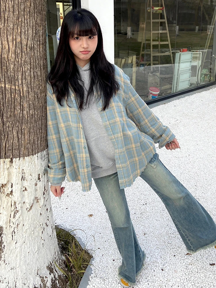 

American Plaid irt Women's Autumn Destroy Fringe Design Casual Plaid irt Coat Loose Long Sve Top Street Sle Loose Fit