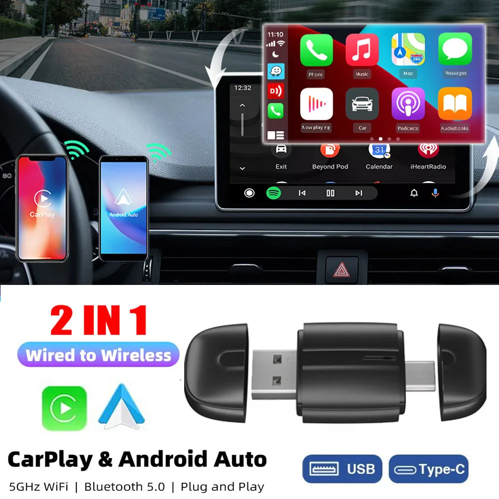 2 In 1 CarPlay & Android Auto Mini Ai Box Wireless Carplay Adapter Wired to Wireless Bluetooth WiFi Connect Type C Plug and Play