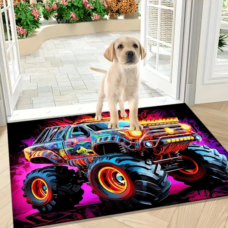 2D Flat Colorful Monster Truck Flame Flannel Area Rug Non Slip Off Road Carpet For Kids Room Game Room Decor