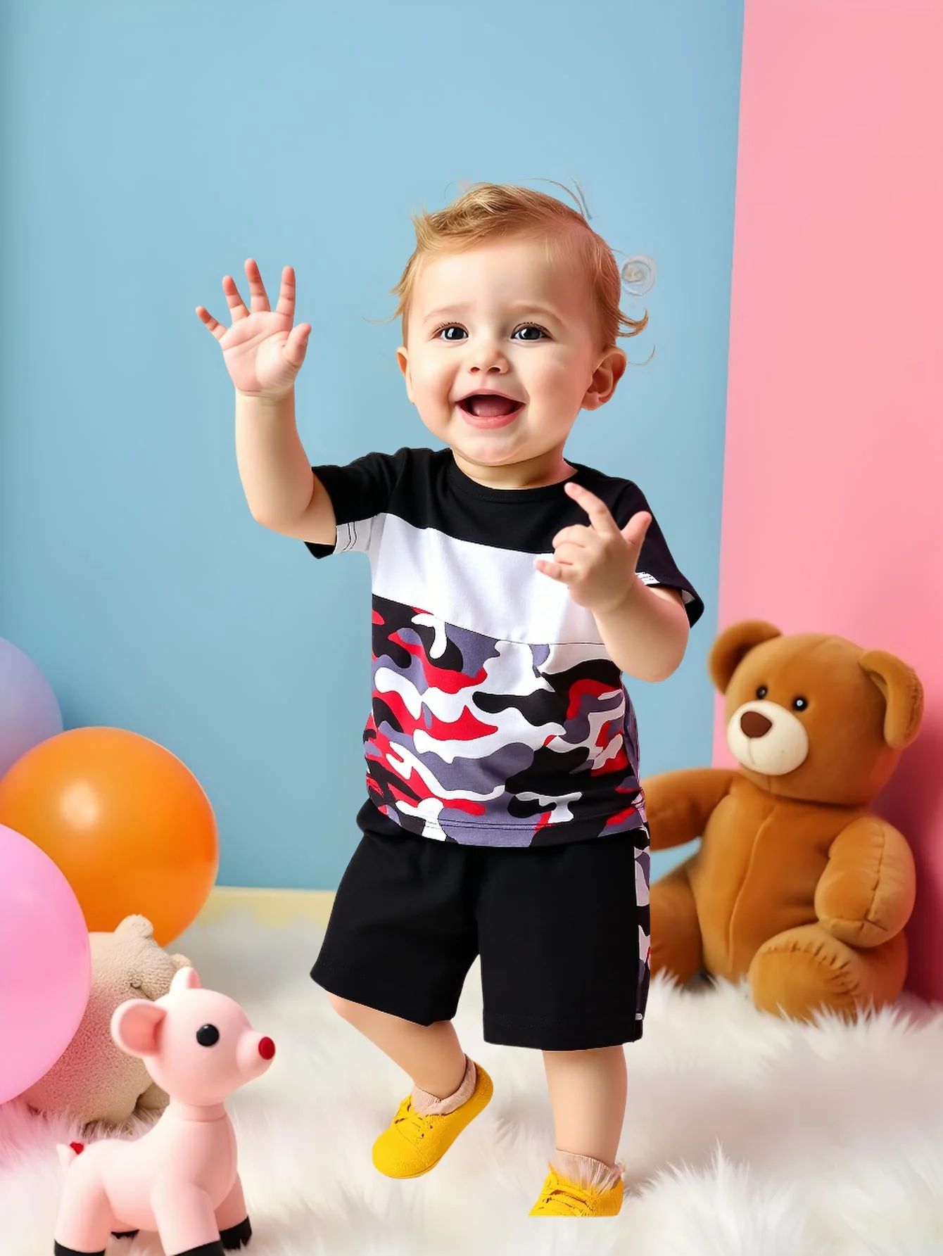 

Комплект из двух предметов: модный, милый и повседневный топ с короткими рукавами и шорты с круглым вырезом для лета для маленьких мальчиков.