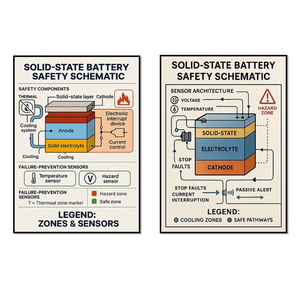 Solid-state battery safety engineering diagrams, science classroom illustrations, technical schematics, and laboratory posters