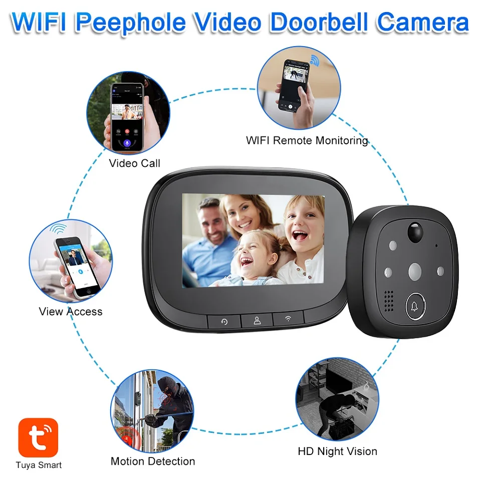 Nuovo campanello per porta Tuya Smart WiFi con spioncino Video per fotocamera 720P per porta schermo LCD da 4.3 "rilevamento movimento PIR Eye Video-eye