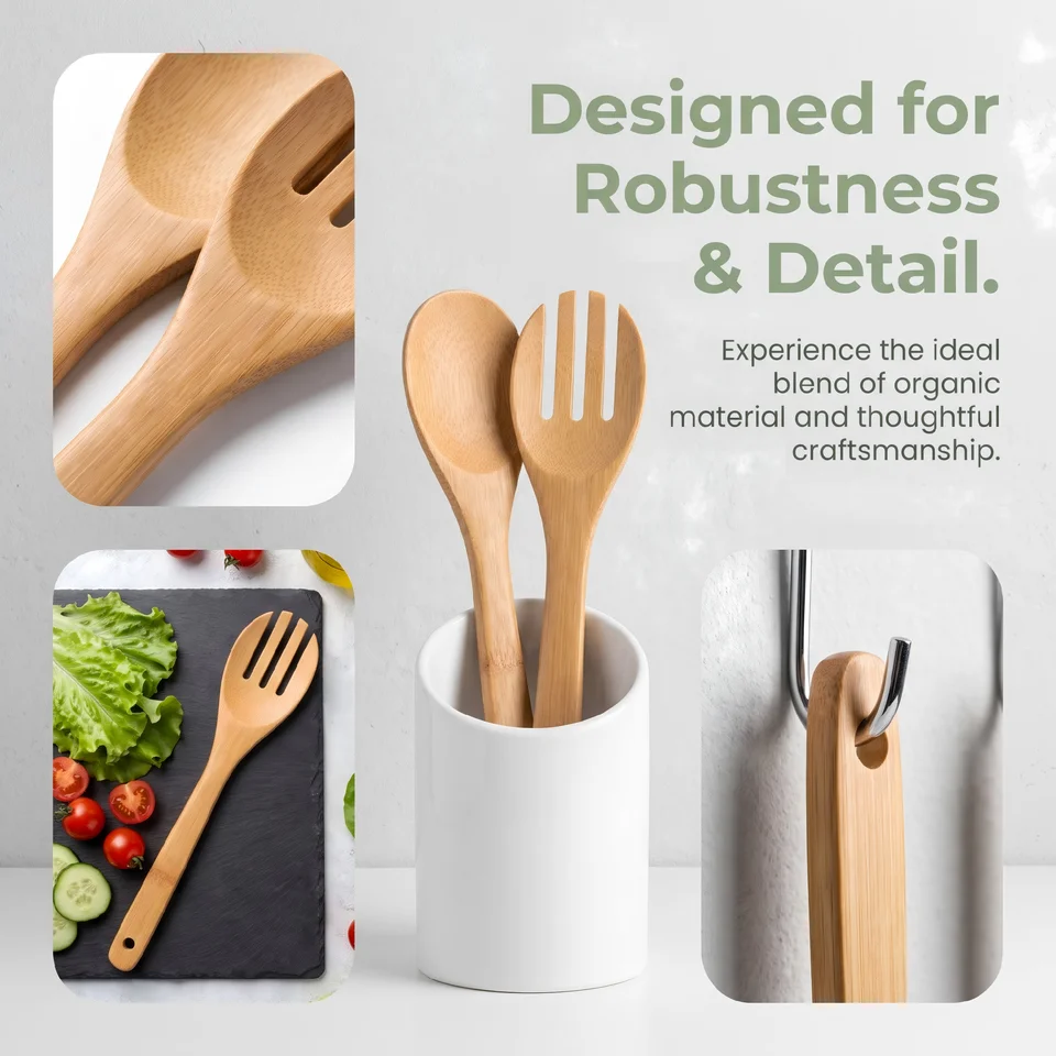 6 Piece Natural Bamboo Kitchen Utensil Set with Utensil Holder, Eco Friendly Wooden Cooking Tools, Non-Scratch Spatula Spoon for Nonstick Pan, Sturdy & Easy to Clean Kitchen Gadgets, image 2