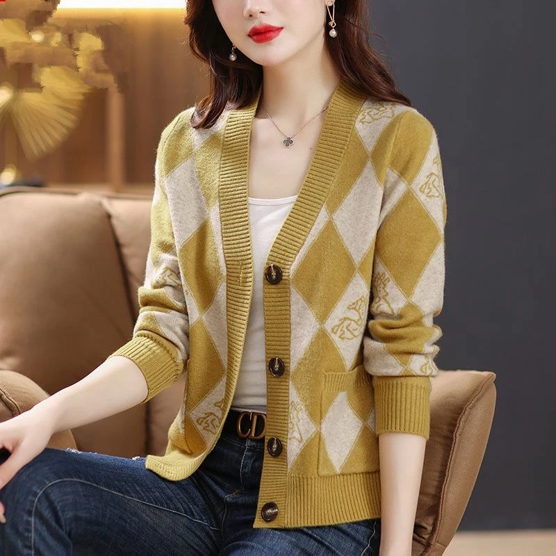 2023 donne Trendy Argyle maglione lavorato a maglia autunno inverno coreano Chic monopetto Cardigan scollo a V manica lunga sciolto top maglione