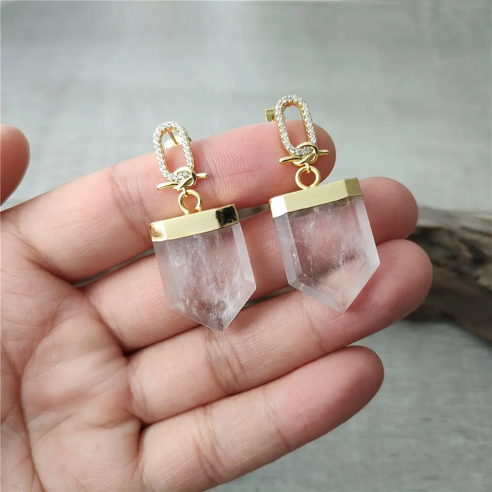 FUWO 1Pair Handcrafted Cubic Zircon Clear Quartz Earrings,Golden/Silver Plated Natural White Crystal Jewelry For Women ER211CZ