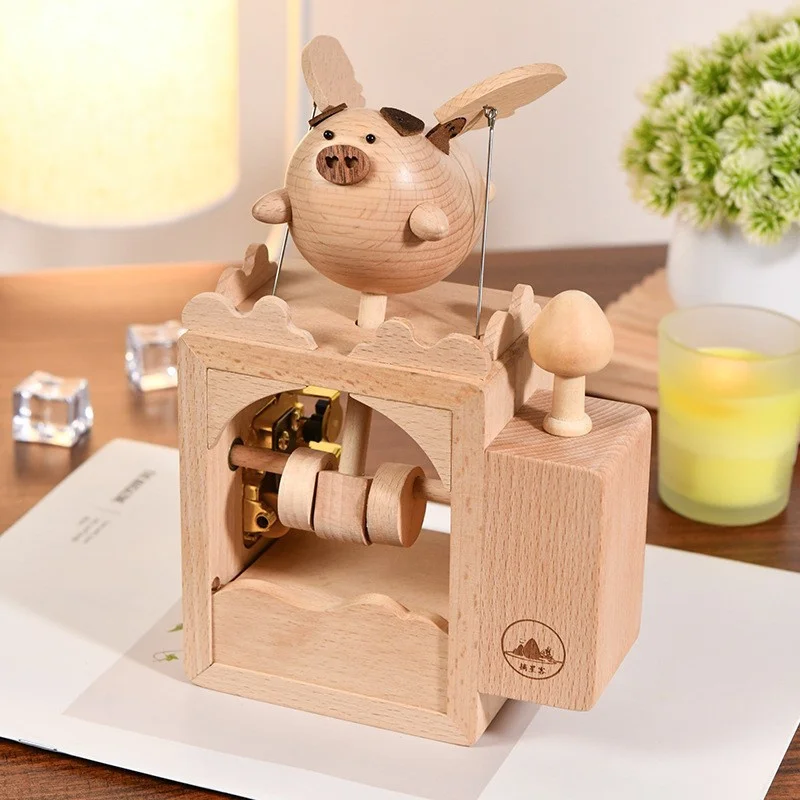 New Creativity Wooden Music Box Electric Castle Piglet Desktop Ornament Healing And Relieving Stress Living Room Home Decoration