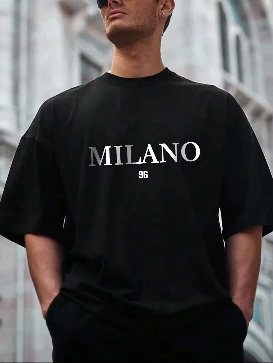

Мужская и женская модная брендовая футболка из чистого хлопка с круглым вырезом, повседневная модная универсальная летняя простая футболка с принтом миланских букв