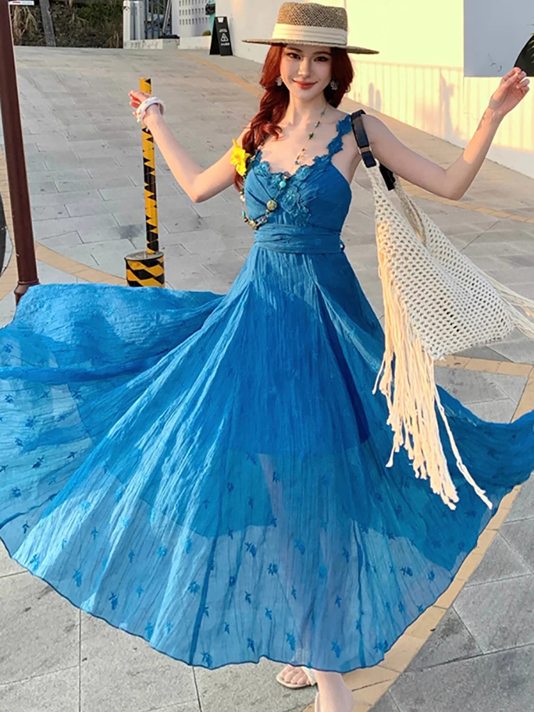 

2026 Blue Embroidery Floral Chic Lace Sling Long Dress Women Elegant Bow Bandage Summer Korean Casual Beach Style Holiday Dress