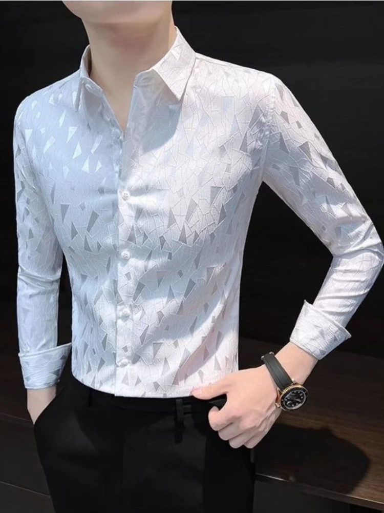 Men Long Sleeve Glossy Surface Shirt 2026 New Design Niche Print Pattern High End Premium Feel Trendy Brand Edgy Cool Style