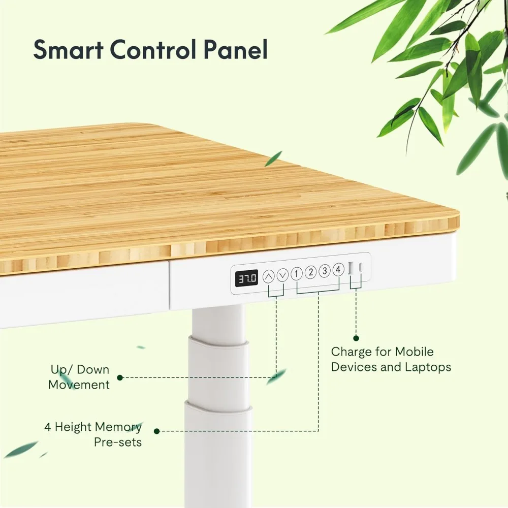 Adjustable Height Bamboo Electric Standing Desk with Dual Motor, 3 Stages, Wireless Charging, Ergonomic Computer Workstation