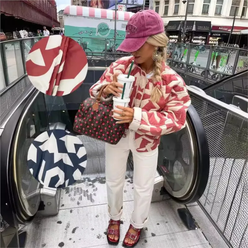 

Пальто с геометрическим принтом, женское модное элегантное пальто на молнии с карманами и длинными рукавами, хлопковая стеганая куртка, новинка 2025, осенняя повседневная свободная верхняя одежда