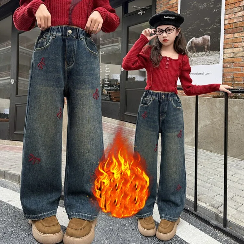 Winter 4-14Yrs Kids Girls Jeans UNITIM Fleece Thick Children Girls Denim Pants Love Pocket Teens Girls Integrated Straight Pants