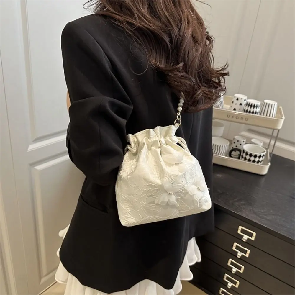 

Lace Embroidery Drawstring Bucket Bag Flower Printed Chinese Style Handbag Butterfly Storage Bag Pearl Chain Crossbody Bag
