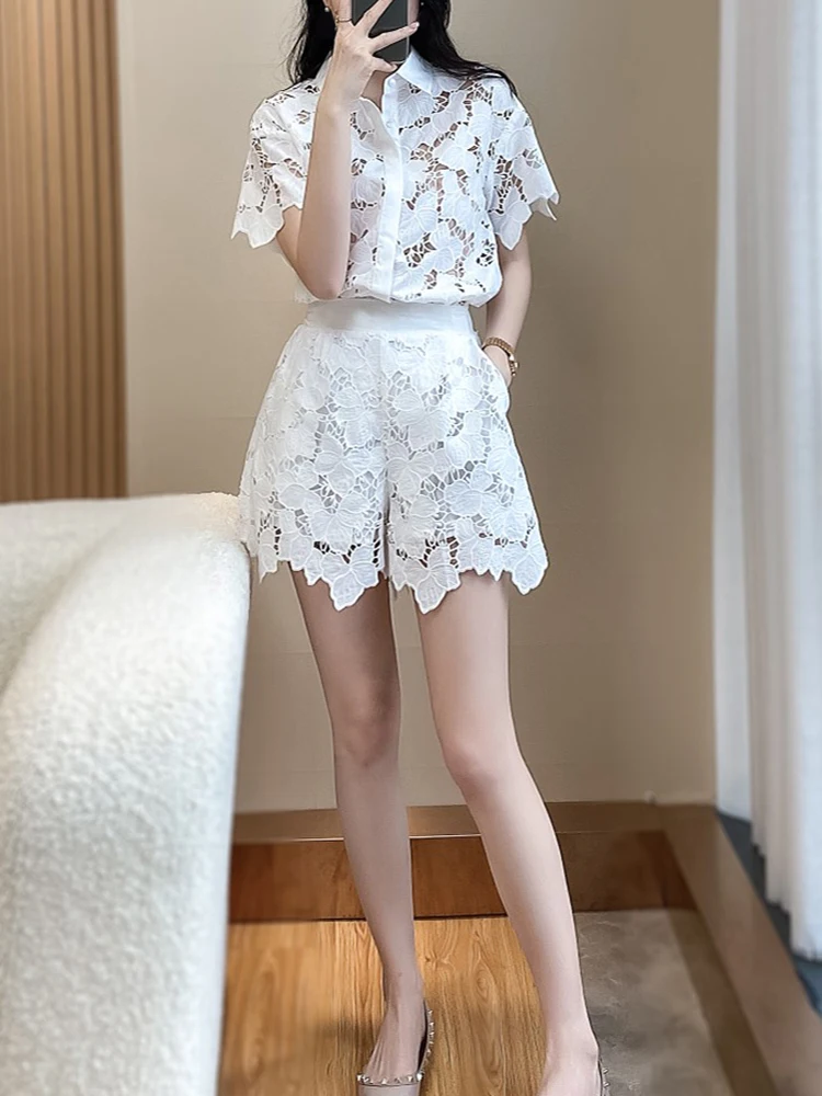 TWOTWINSTYLE Patchwork Embroidery Two Piece Sets For Women Lapel Short Sleeve Shirt High Waist Loose Shorts Casual Set Female