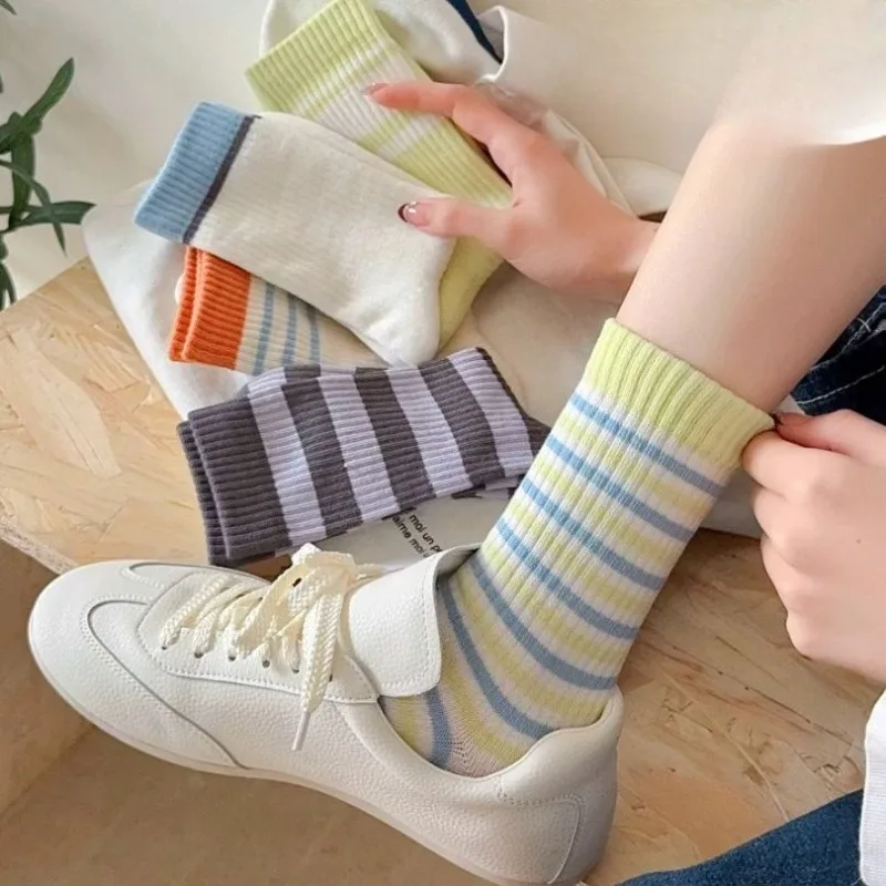 

5 pairs Spring summer new striped mid tube socks sweat absorbing breathable soft comfortable women's socks fashion women's socks