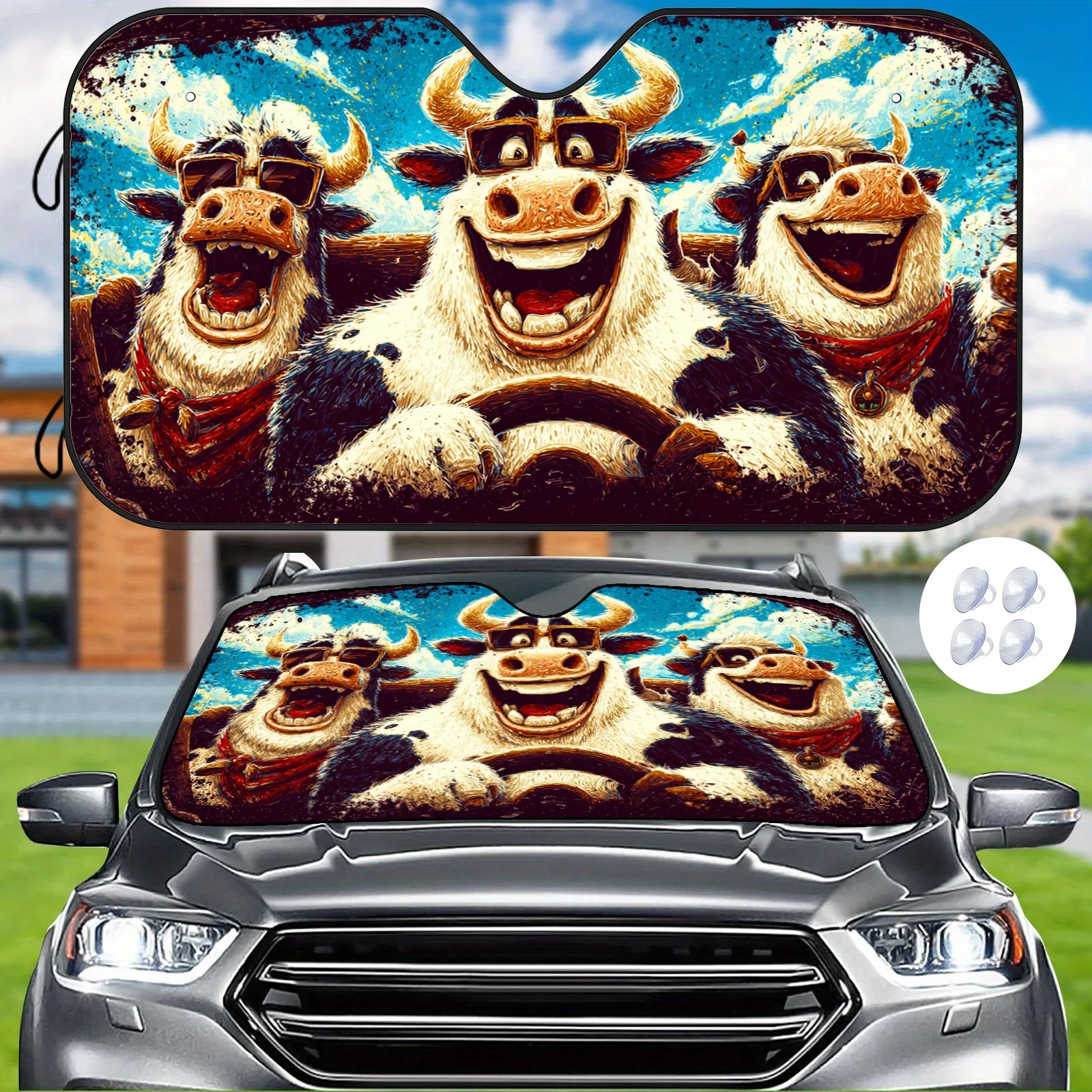 Cartoon Cow Car Sunshade - Whimsical And Lively Design, Heat-insulating And Durable For Regulating Cabin Temperature. Includes 4