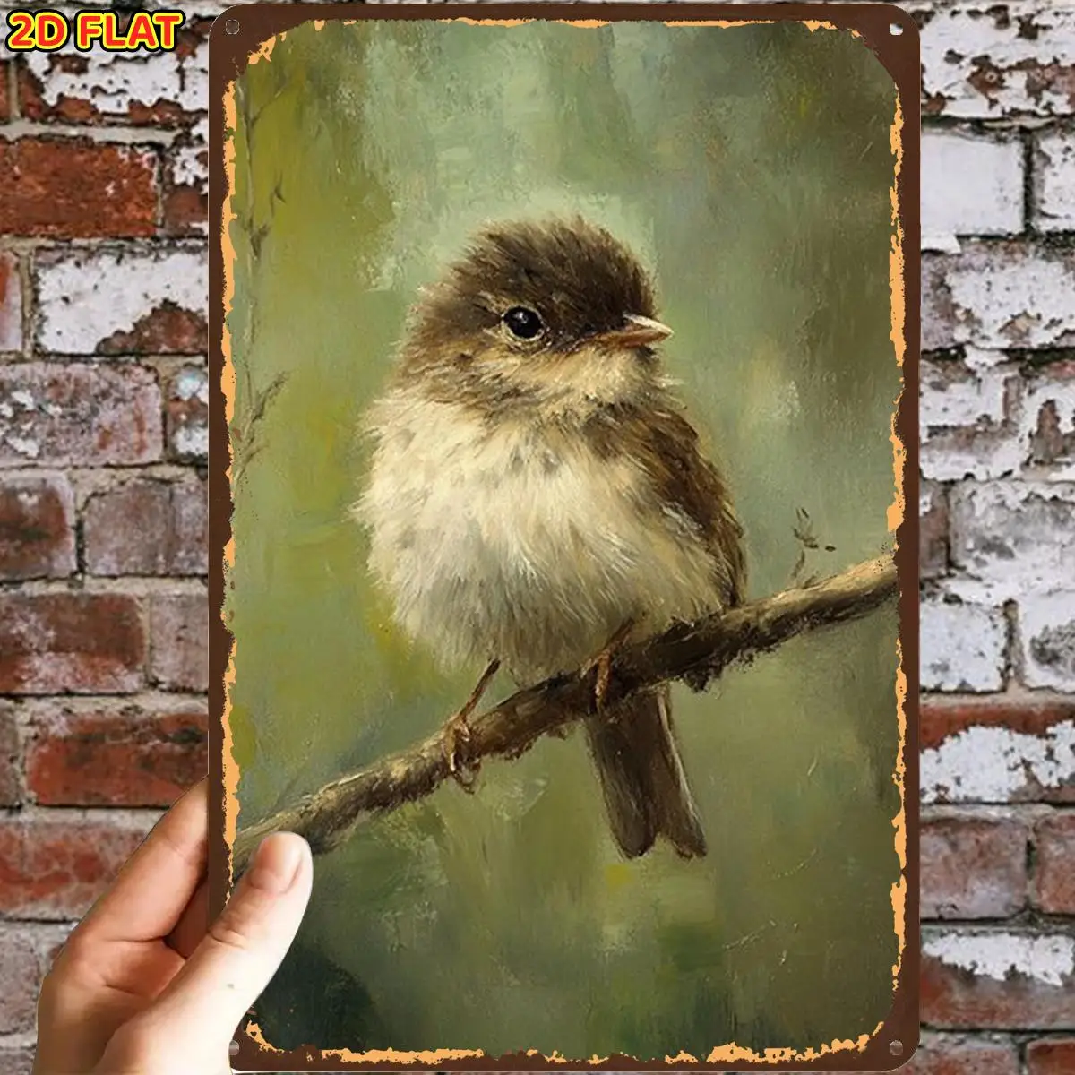 Cute Bird on Branch Painting Art Print Metal Iron aluminum Sign, Pre-Drilled Holes, Suitable for Indoor, Garden, Outdoor, Home