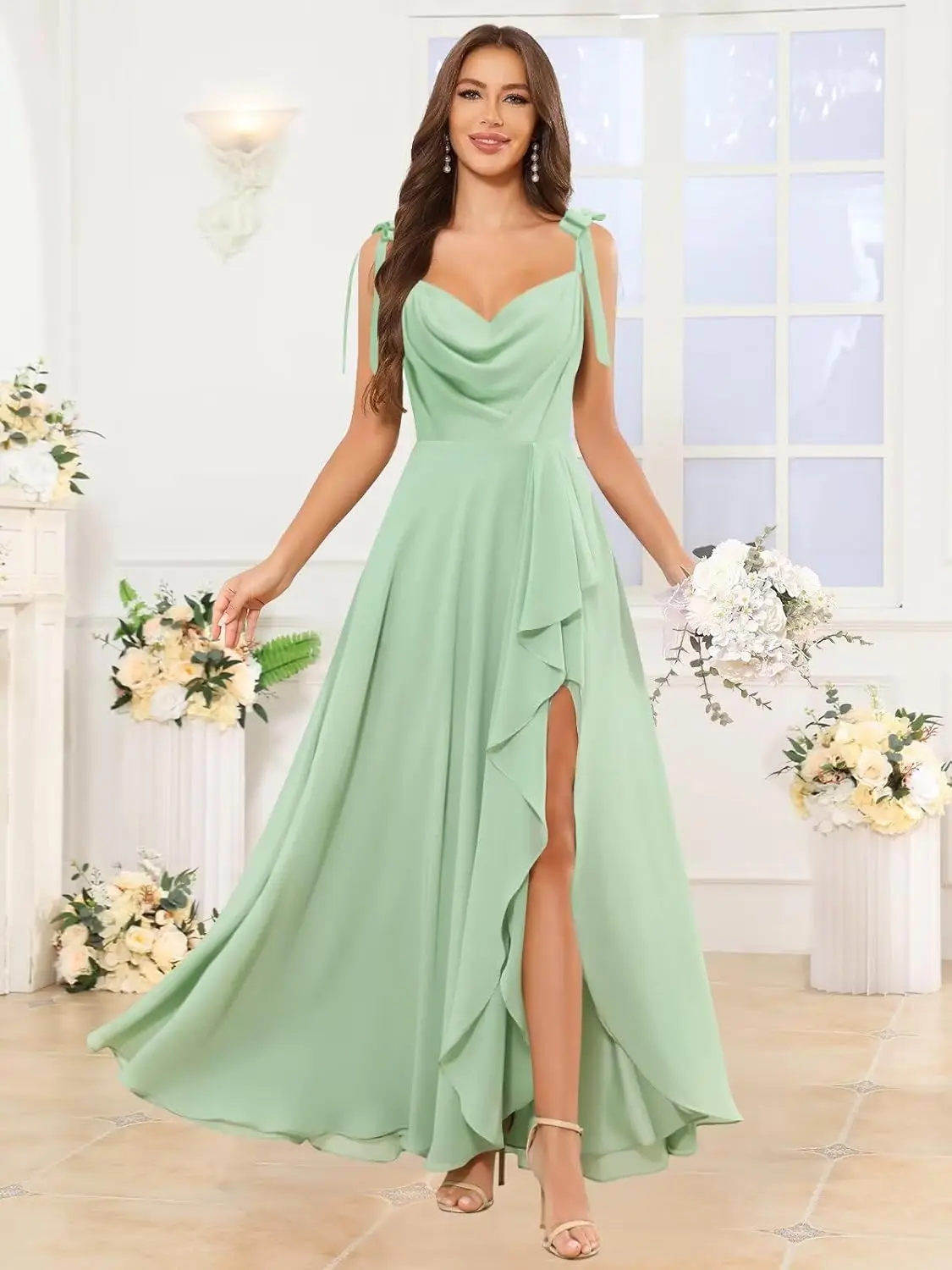 ชุดเดรสชีฟองผู้หญิงแบบใหม่ สายผูกโบว์ ชุดเพื่อนเจ้าสาว แต่งระบายสวยงาม ชุดราตรีสายเดี่ยว ชุดเดรสออกงาน ชุดราตรีแฟชั่น ชุดเดรสงานเต้นรำ