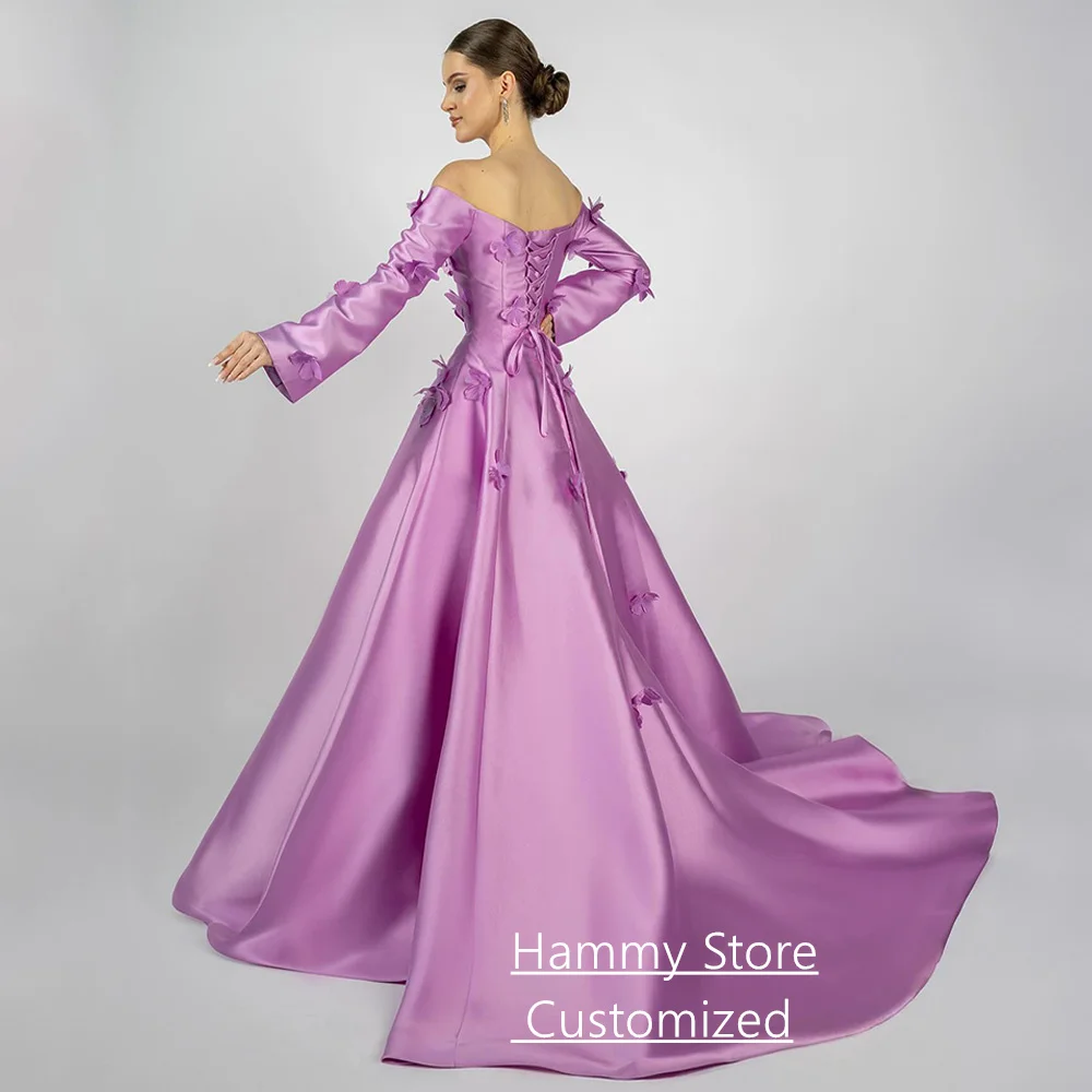 Vestido de noite saudita personalizado, mangas compridas, barco, pescoço, borboleta, trem de varredura, linha, cetim, vestido de festa árabe, vestidos de baile