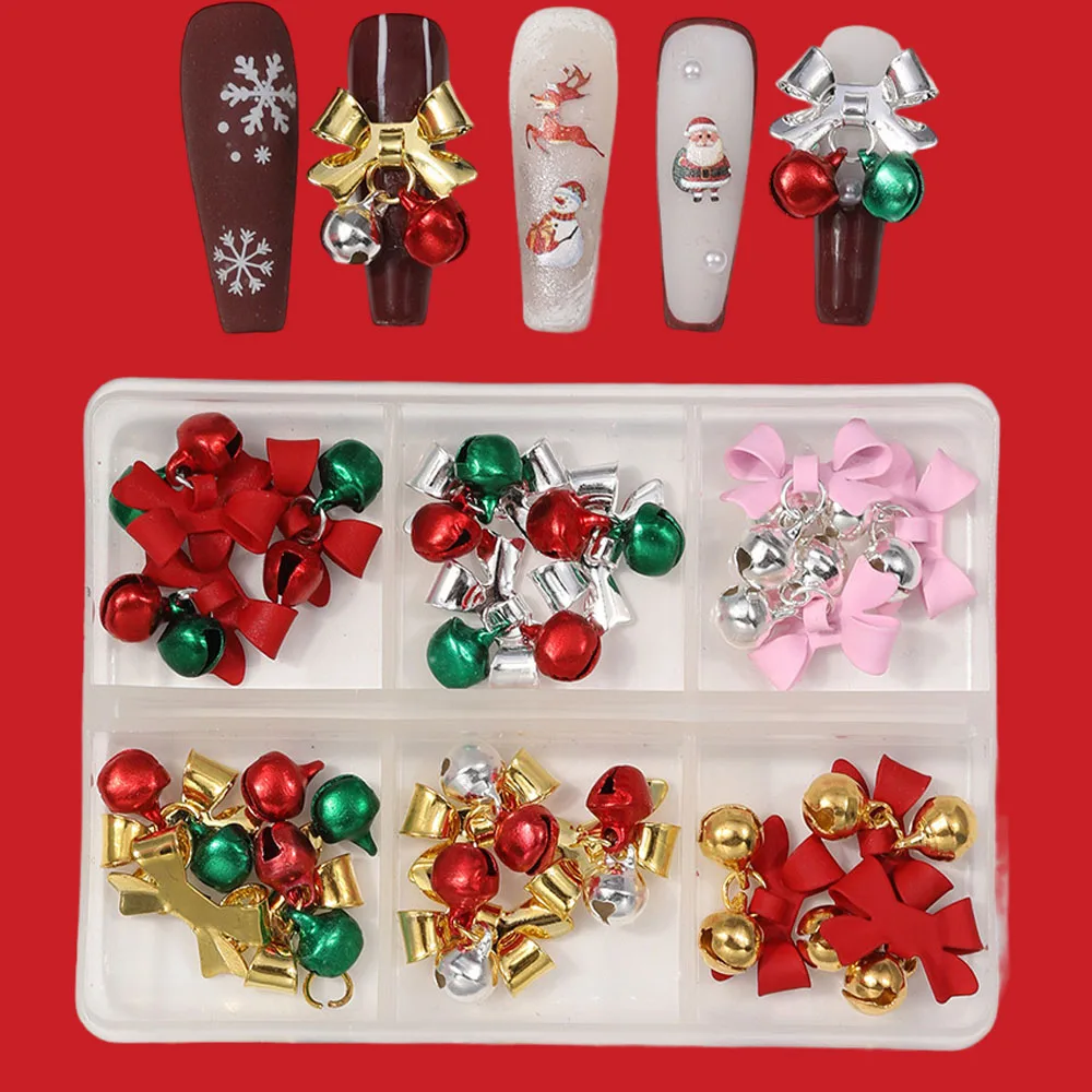 6Grids/Box 3D Christmas Golden&Silvery Bow Bell Nail Charms Red+Green Tassel Bell Nail Art Decor 10mm Xma Manicure Penant Bell