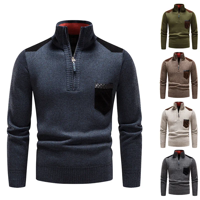 Autunno Inverno Nuovi Uomini di Moda Casual Alla Moda Sottile Lavorato A Maglia Stand Colllare Mezza Cerniera Maglioni A Righe Addensare Maglioni Più Il Formato