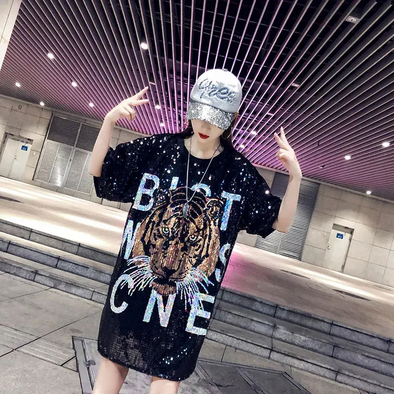 

Heavy Industry Sequined Fashion T-Shirt Women Summer 2025 Loose Medium And Long Style Round-Neck Short-Sleeved Base T-Shirt Lady