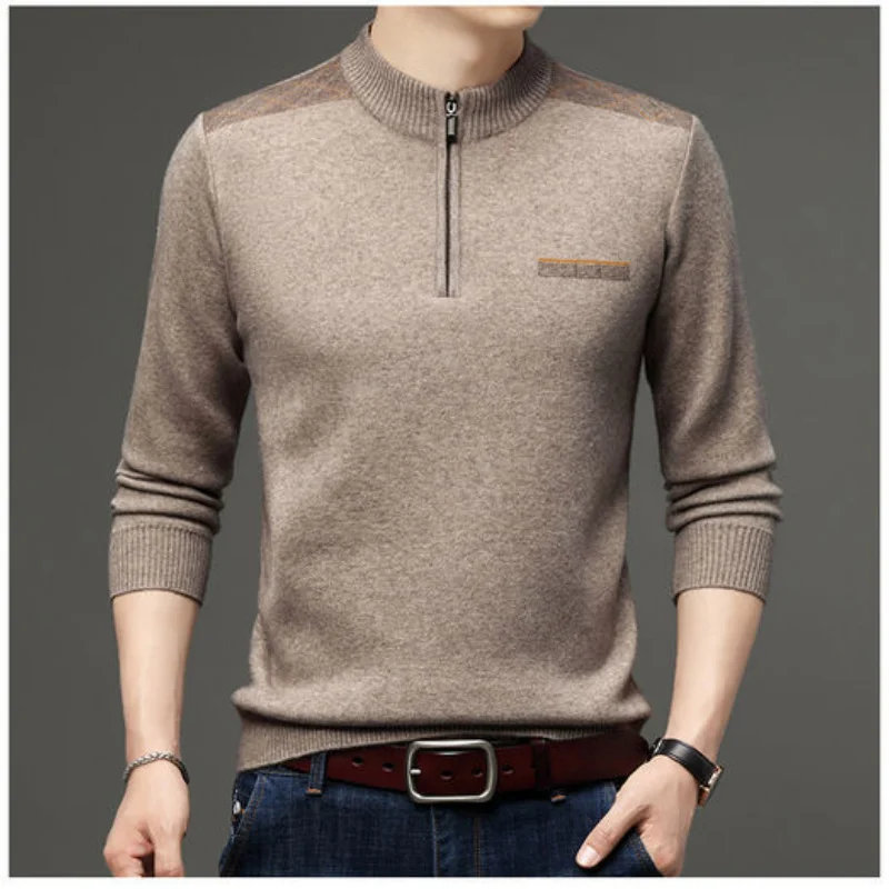 Winter Middle Aged Thick Warm Half Neck Zipper Standing Wool Sweater Print Patchwork Business Fleece Long Sleeve Top JJ334