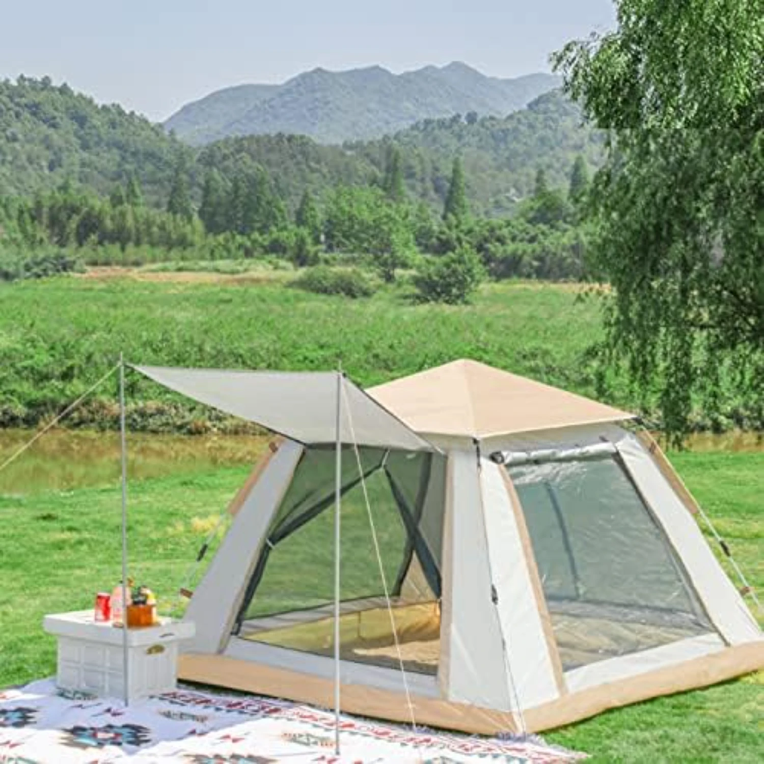 خيمة OTGui Family Camping Pop Up مع 3 نوافذ، خيمة فورية مقاومة للماء والرياح للمشي لمسافات طويلة والسفر. تتضمن حقيبة حمل.