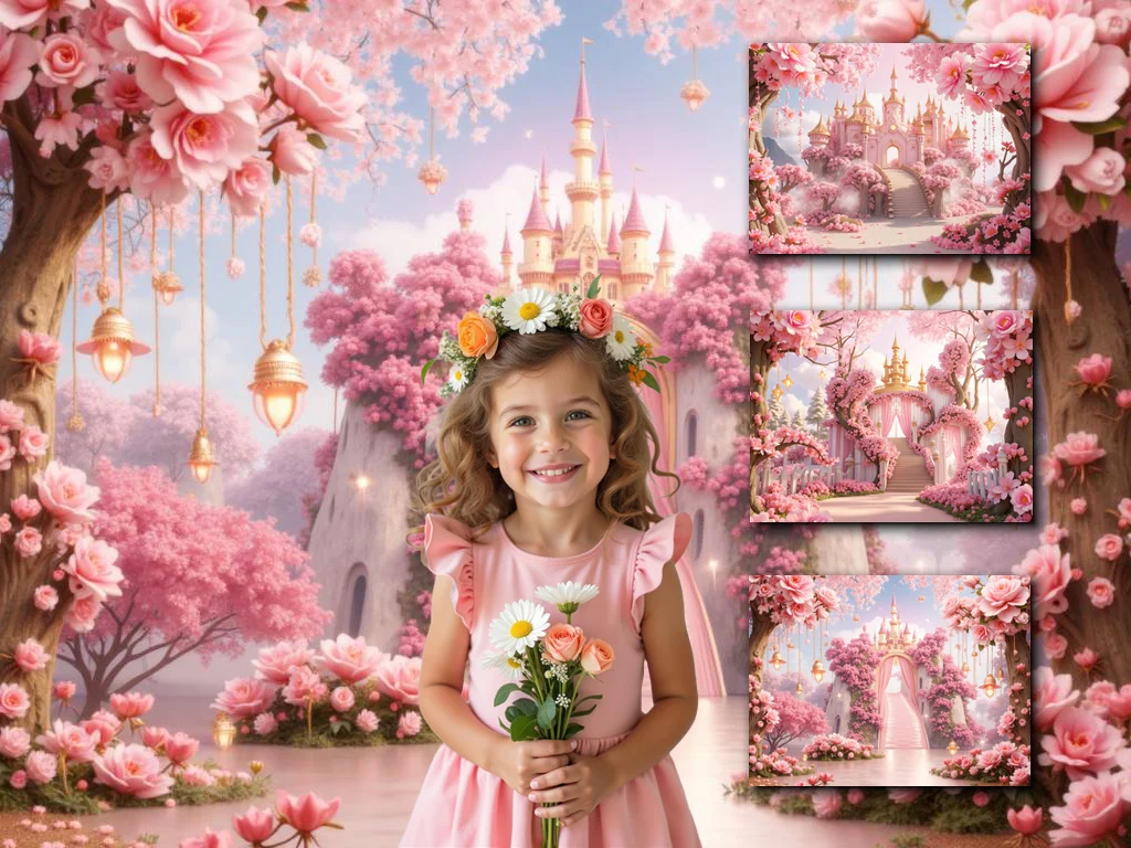 

MOON.QG Birthday Baby Shower Backdrop Castle Pink Flower Wonderland Garden Backgrounds Party Decoration Photography Photobooth