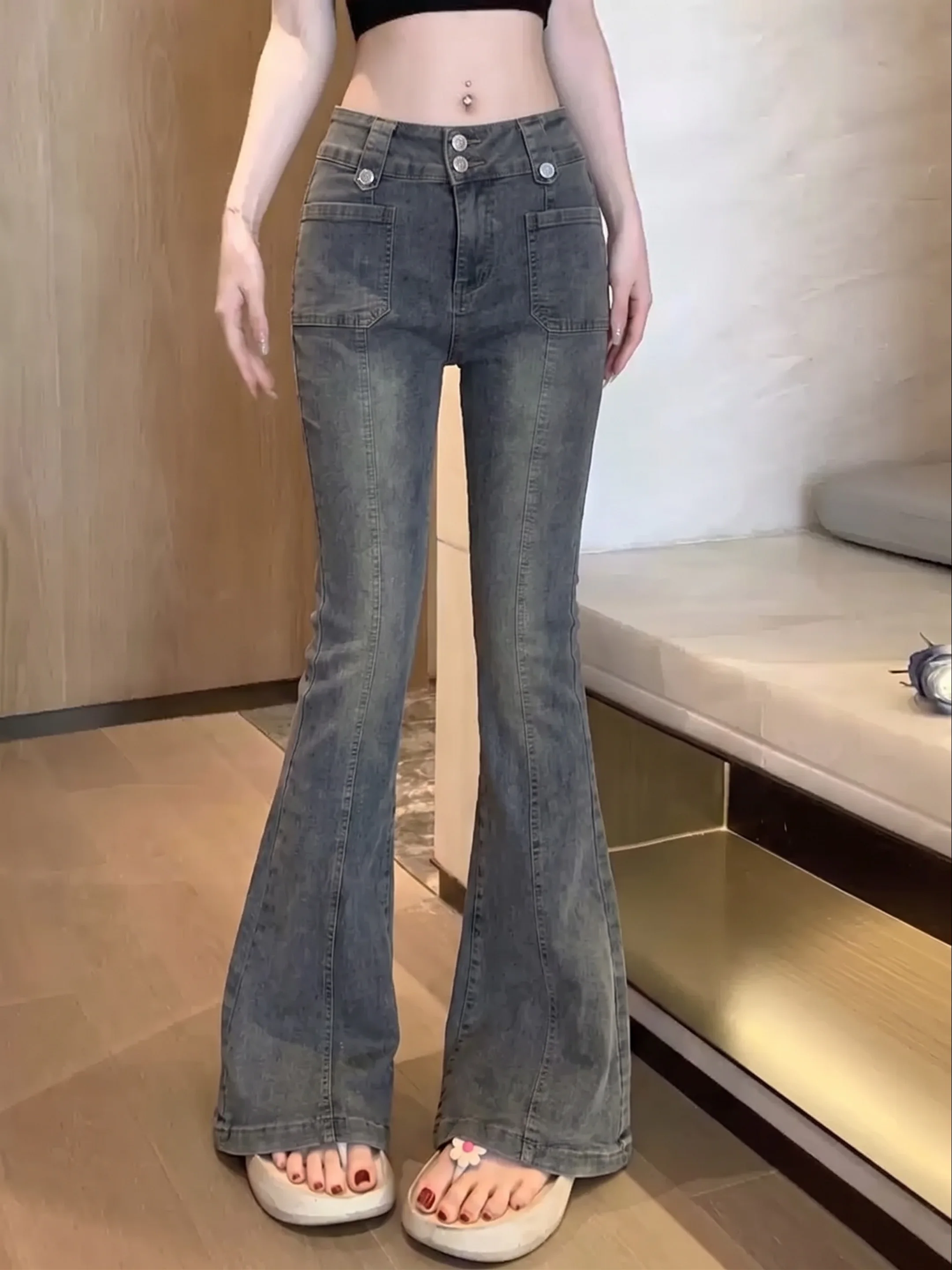 High Waist Washed Grey Denim Jeans Women's Summer 2026 New Style Double Row Button Design Sensation Micro Flared Floor-Length...