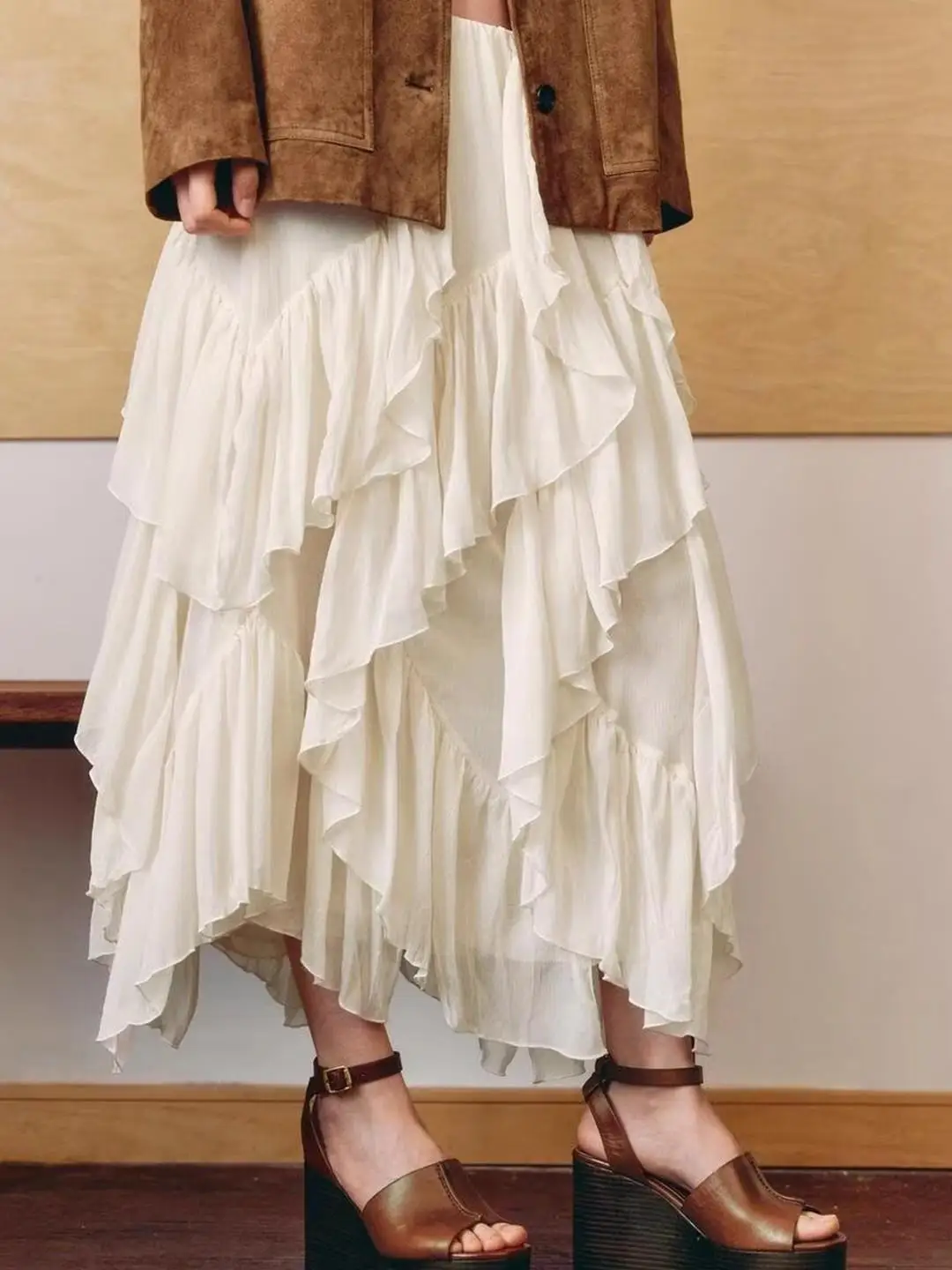 신상 하이웨이스트 미디 스커트 여성 봄 여름 가을 시즌 하이웨이스트 비대칭 플리츠 스커트 직사각형 바디...