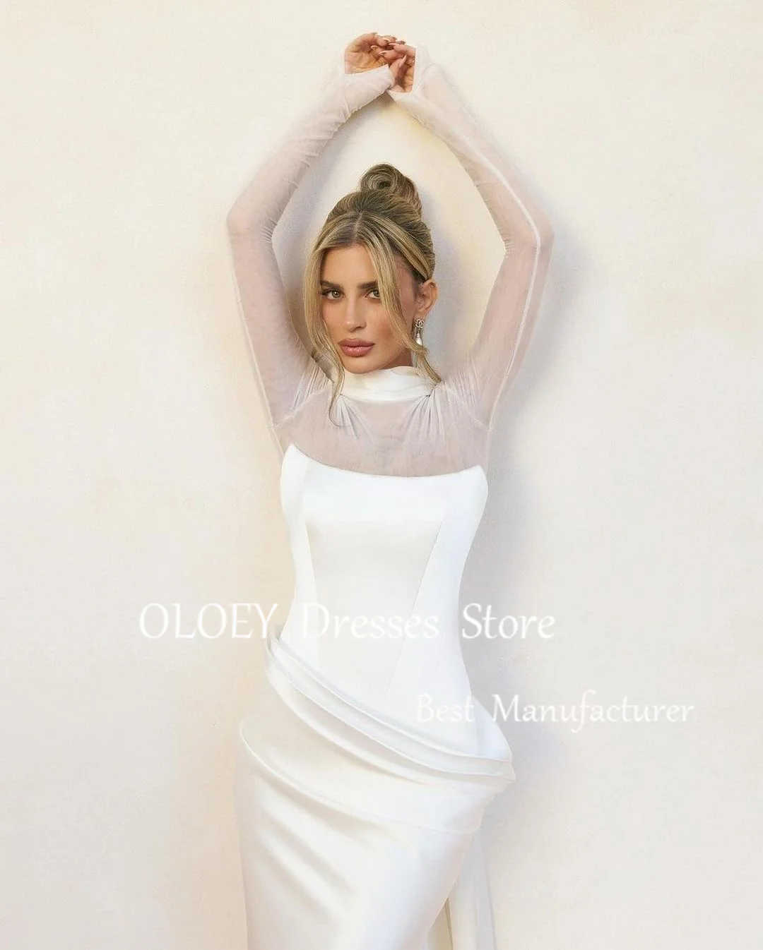 OLOEY Elegant Ivory Mermaid Wedding Dress High Neck Bridal Gown With Scarf Floor Length Zipper Pleats Satin Customized Prom Gown