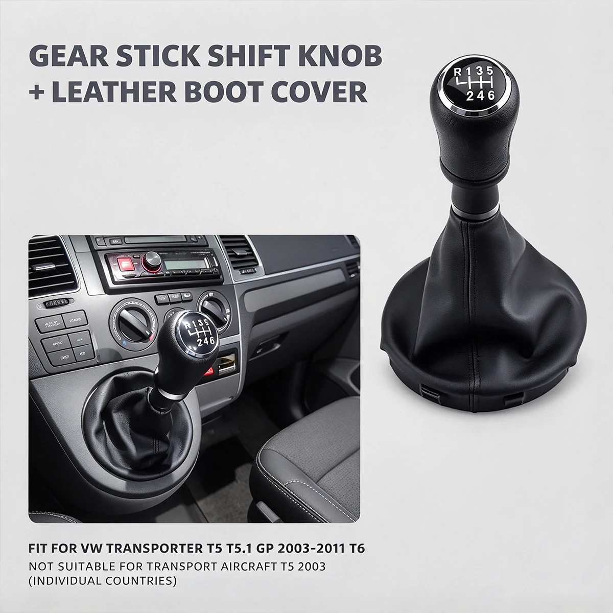 For VW Transporter T5 T5.1 T6 GP 2003-2011 5/6 Speed Gear Stick Handball Knob Leather Gaiter Boot Cover Full Kit Manual