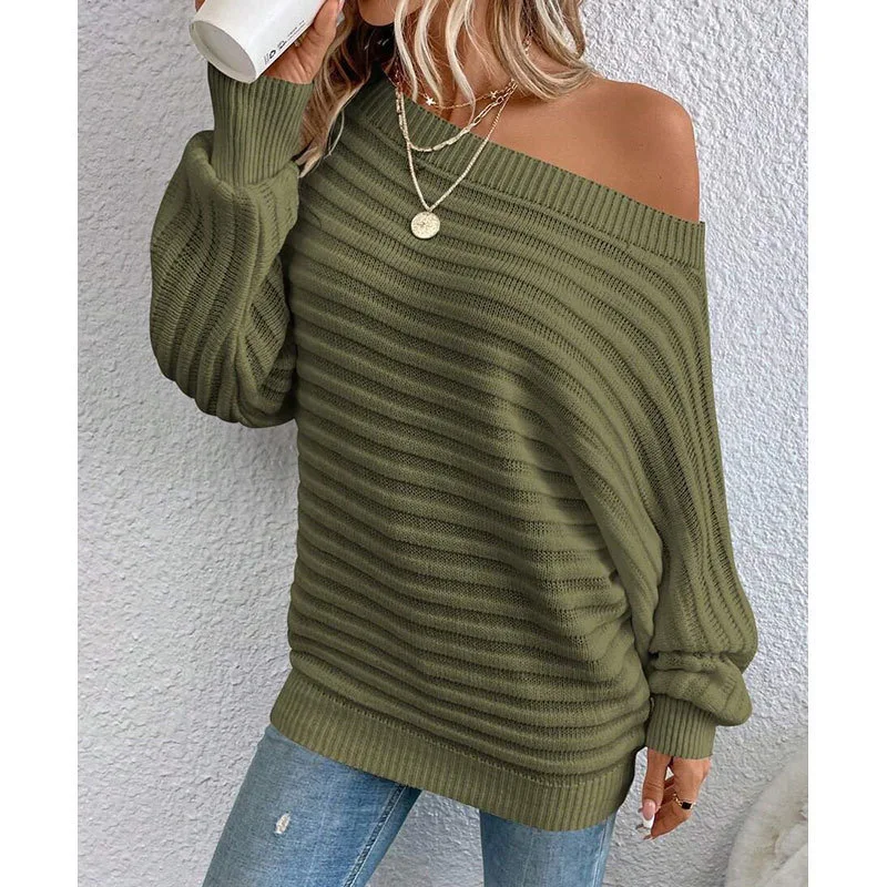 Autumn Women's Clothing New Solid Color Striped All-match Loose Simple Style Sweater Bat Sleeve Pullover Knitted Off Shoulder
