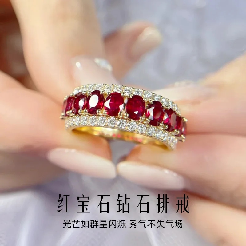 Luxurious 24K real gold ruby classic ring au999 gold group set round deep red tail ring for women