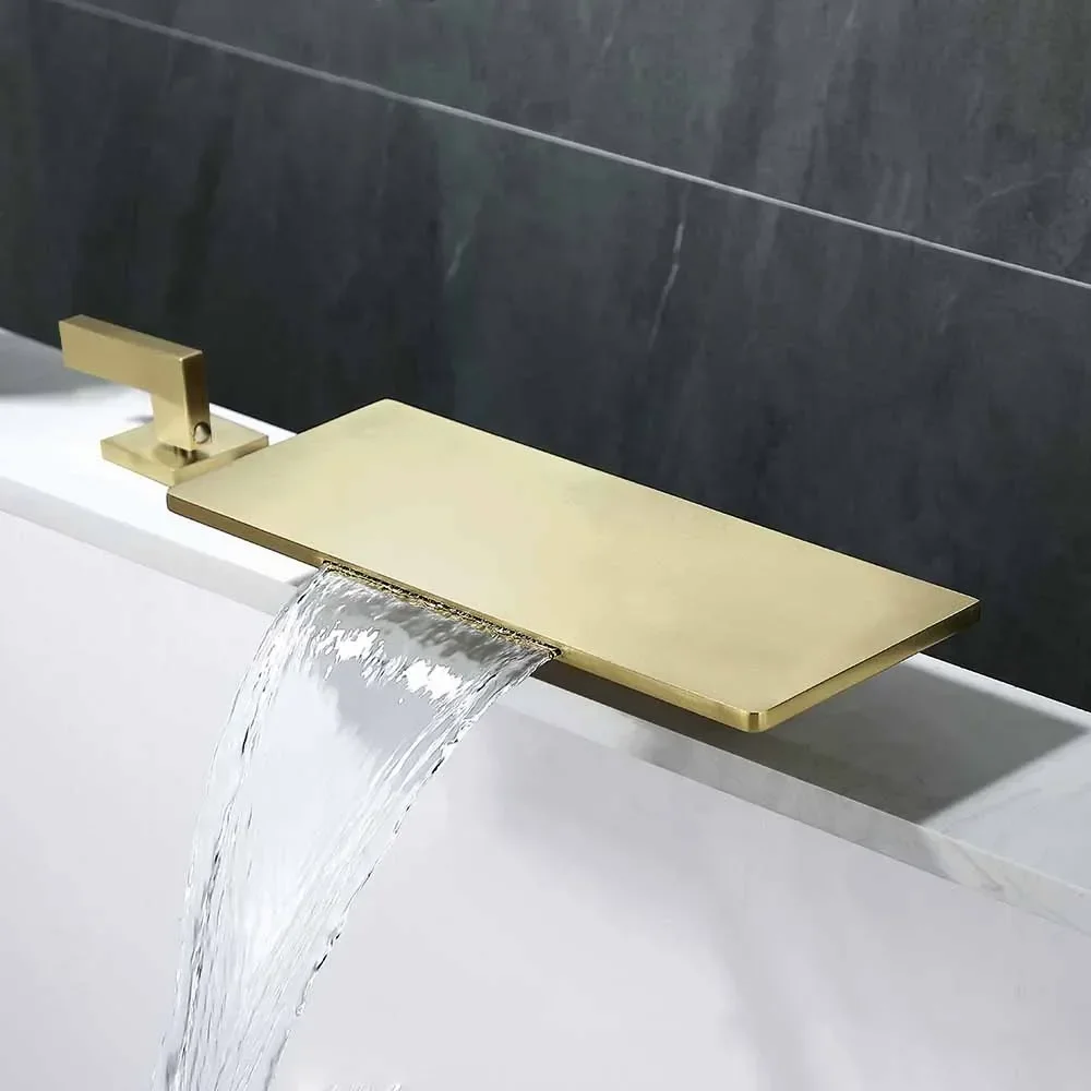 Wall Mounted Waterfall Tub Faucet with Handheld Shower Roman Tub Filler 3 Handles Brushed Gold Brass Bathroom Faucet