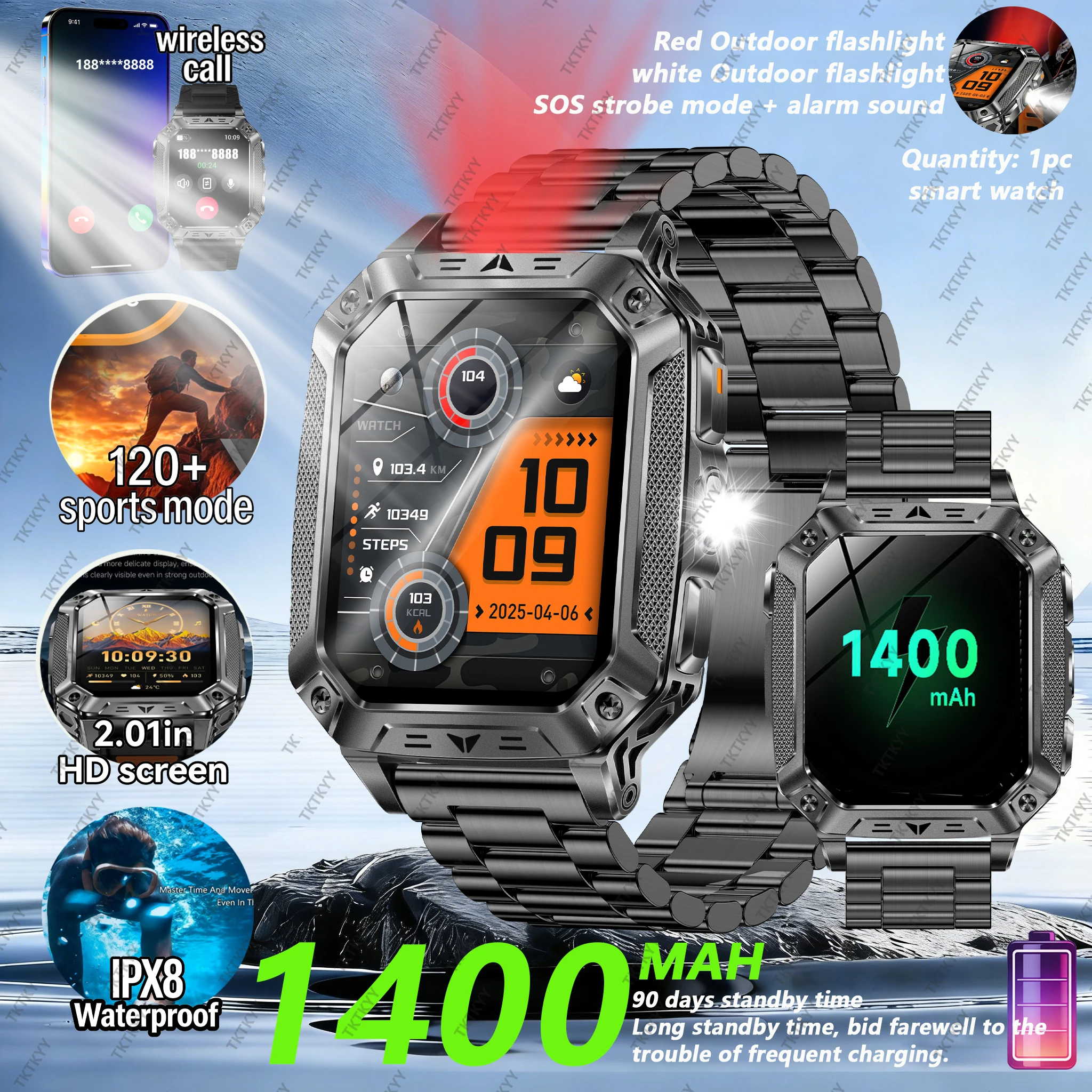 Men's outdoor smartwatch, LED flashlight, wireless calling, sports fitness, 1400mAh battery, waterproof, information reminder