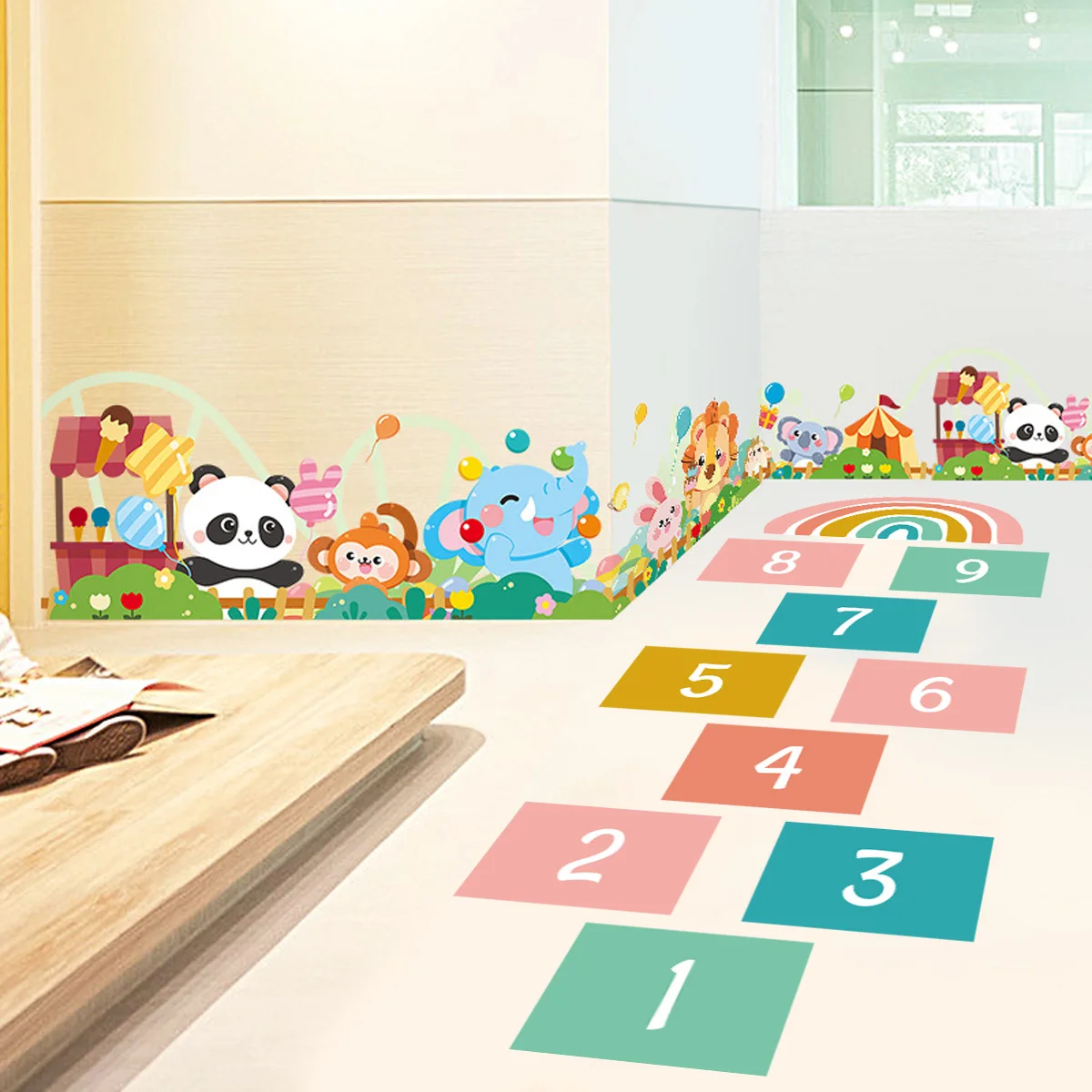 kids room floor decoration 3d number game sticker self adhesive cartoon rainbow wall art decal