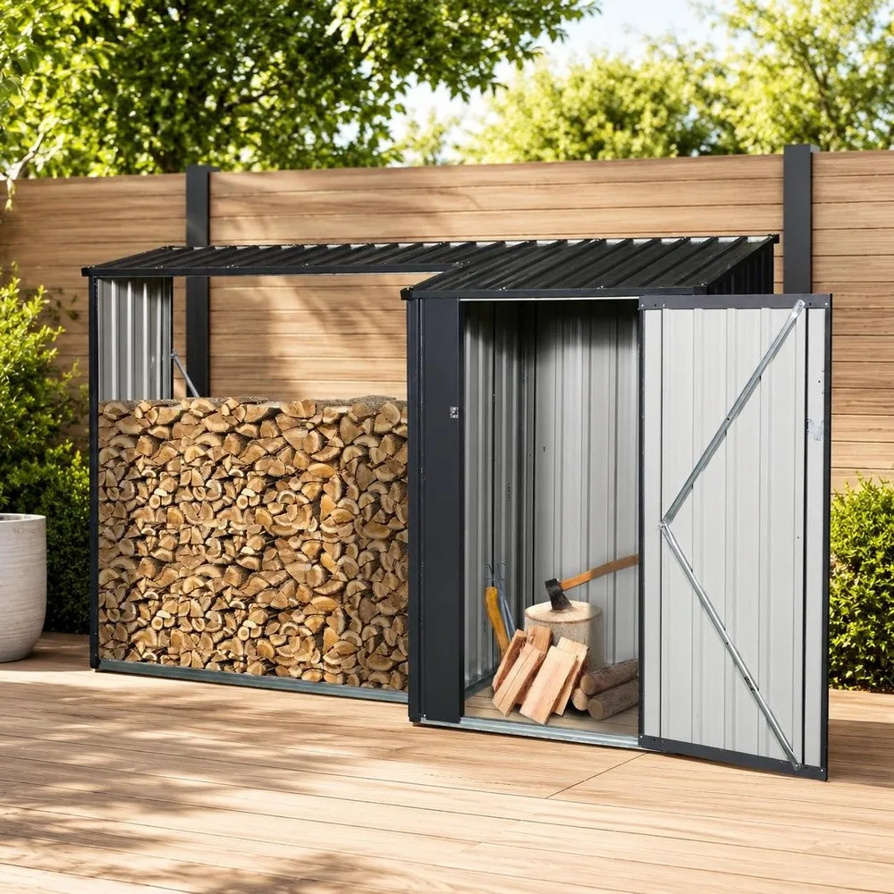 Outdoor Storage Shed — Metal Firewood Rack & Tool Shed Black