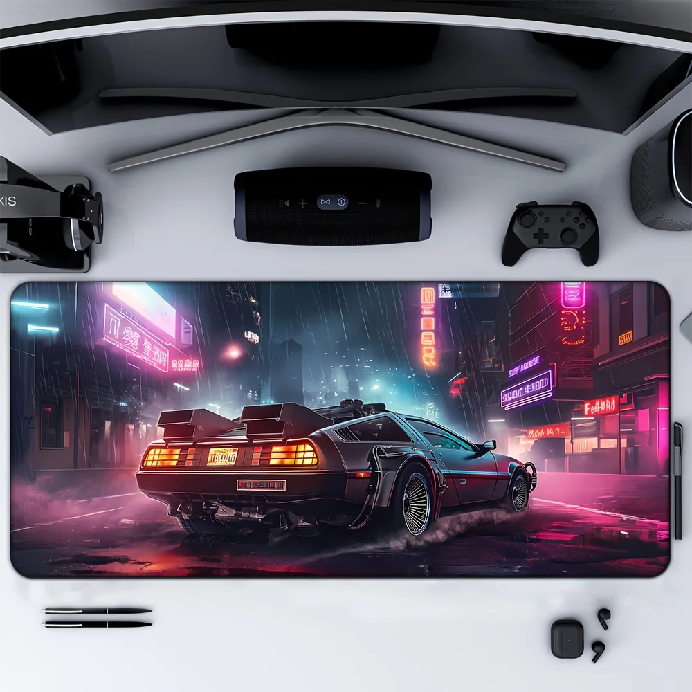 Neon Cyber punk DeLorean Back to Future Gaming Mouse Pad NonSlip Rubber Base Vibrant Retro Futuristic Design for PC Office Home