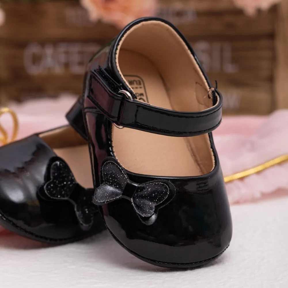 Sepatu kulit Pu bayi perempuan, Kasut karet Non Slip sol lembut, Slip on rumah/luar ruangan