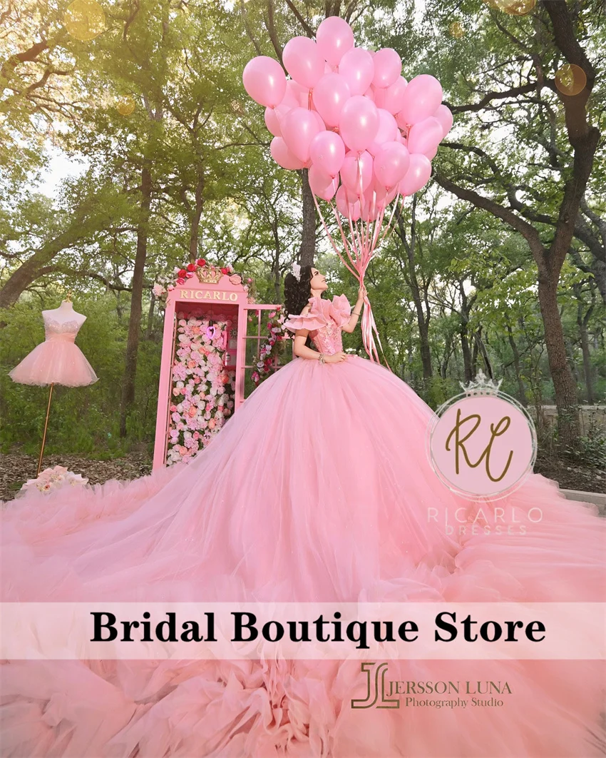 Pink Puffy Princess Ball Gown Quinceañera Dresses 2025 Beads Crystal Appliques Ruffles Birthday Party Gown For 15th Girls Custom