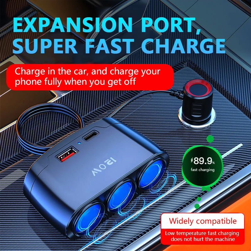 Car Charging Adapter One Tow Three Conversion Head with USB+PD Extended High Power 12V24V Universal Model
