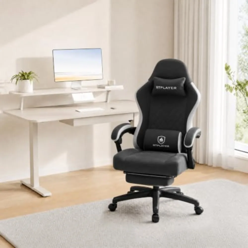 Gaming Chair, Computer Office Chair with Pocket Spring Cushion, Linkage Armrests and Footrest, High Back Ergonomic