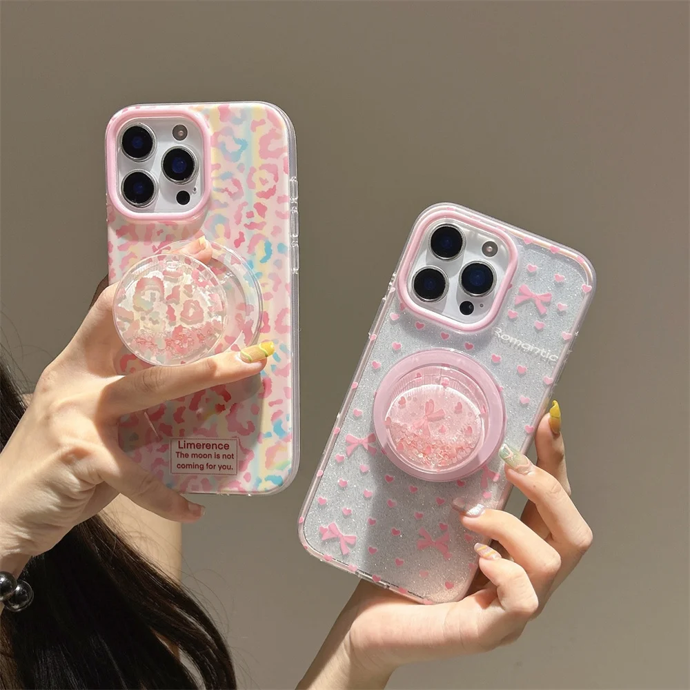 

Stylish color leopard print magnetic phone case for iPhone 13 14 15 16 17 Pro Max cover quicksand stand For Magsafe Cases For 16