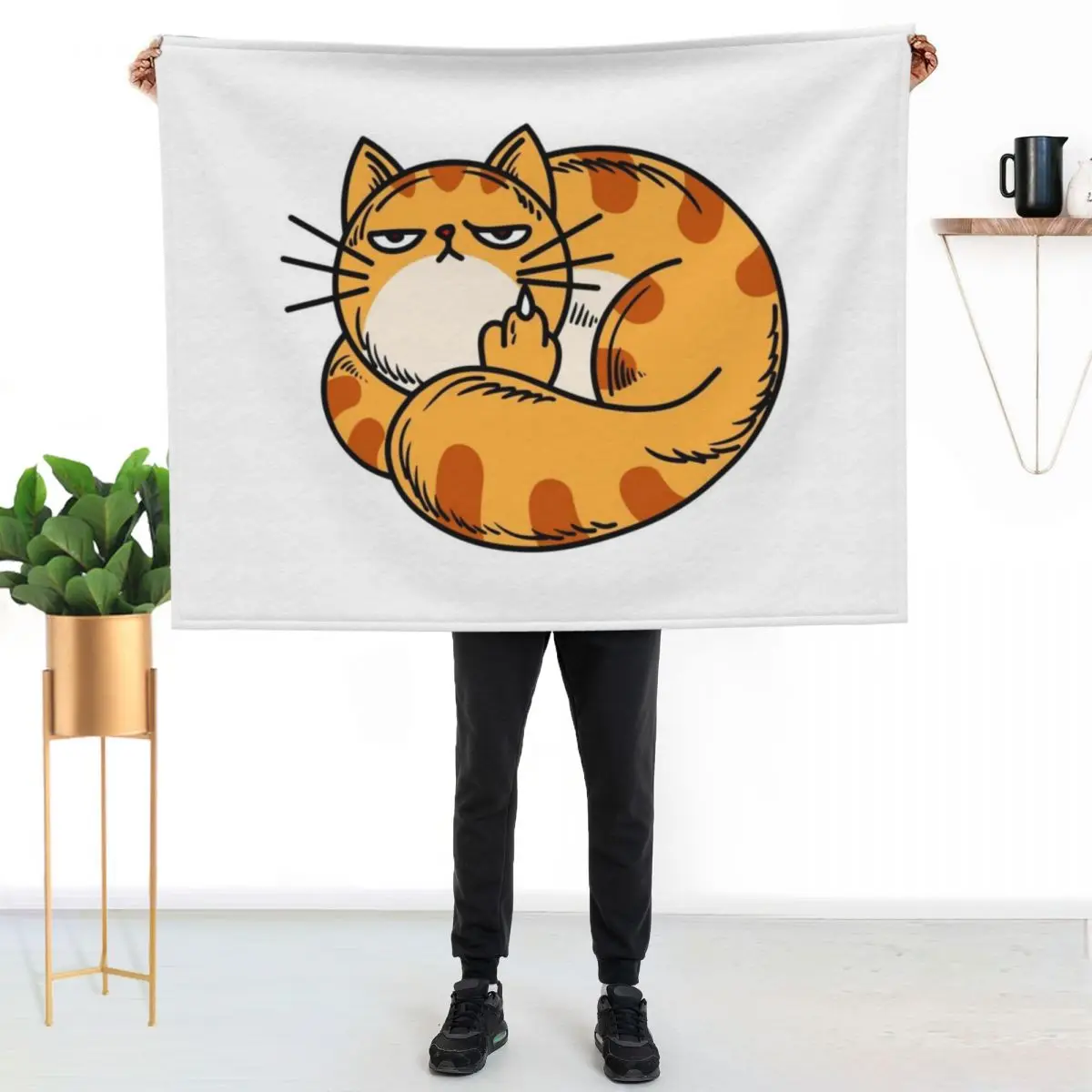 Orange Cat Middle Finger Throw Blanket funny gift Plaid Winter beds Luxury Flannel Fabric Hairys Blankets