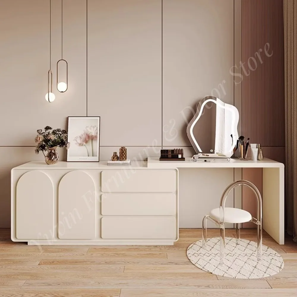 French Minimalist Solid Wood Multifunctional Vanity with Lighted Mirror Adjustable Features and Storage for Bedroom