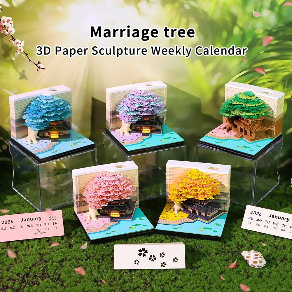 

3D Calendar 2026 Desk Calendar with LED Light Time Piece Paper Carving Art Memo Pad Notepad for Christmas Gifts