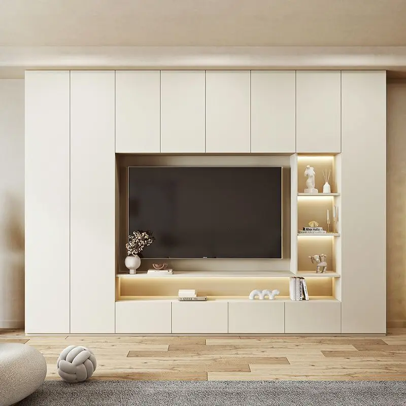 Solid wood TV cabinet integrated full wall TV background wall custom modern simple living room TV storage locker