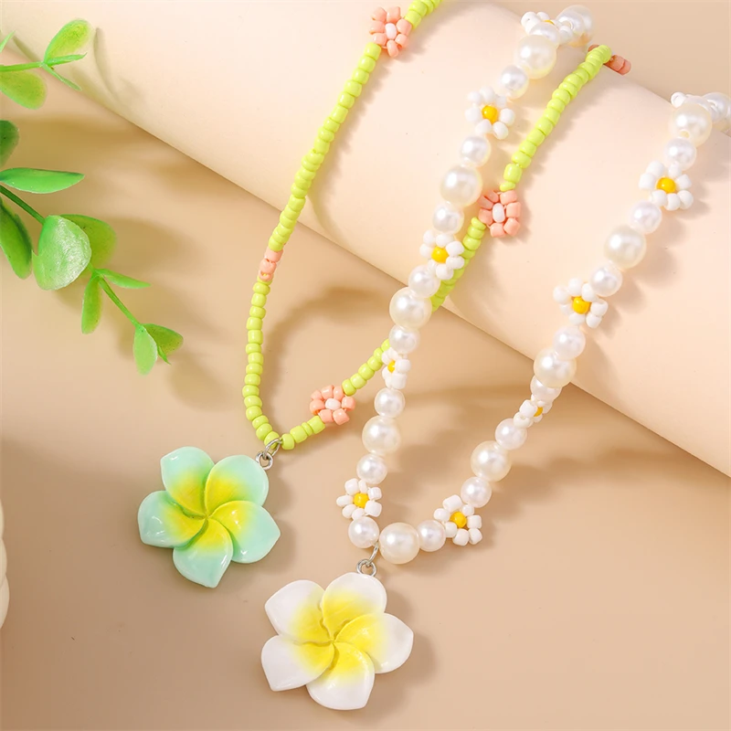 2-teiliges Set Modische Handgefertigte Perlenketten für Frauen, Blumenanhänger-Halsketten, Schmuckgeschenke für Mädchen, Party, Festival – Detail 3